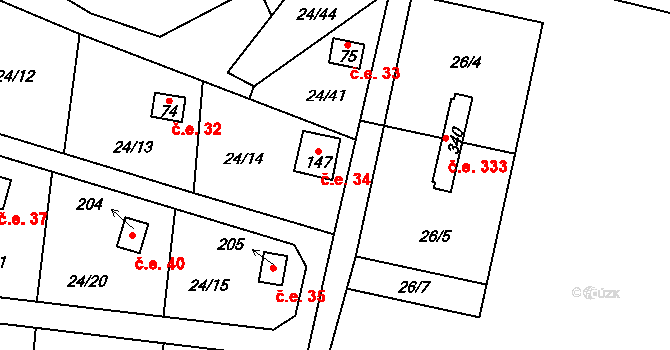 Podhoří 34, Cheb na parcele st. 147 v KÚ Podhoří u Chebu, Katastrální mapa