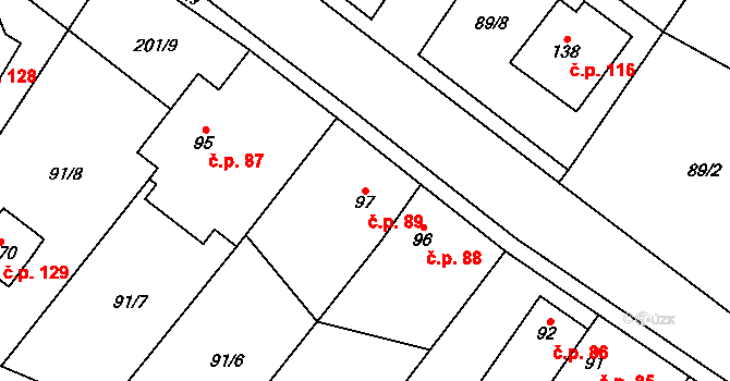 Hradešín 89 na parcele st. 97 v KÚ Hradešín, Katastrální mapa