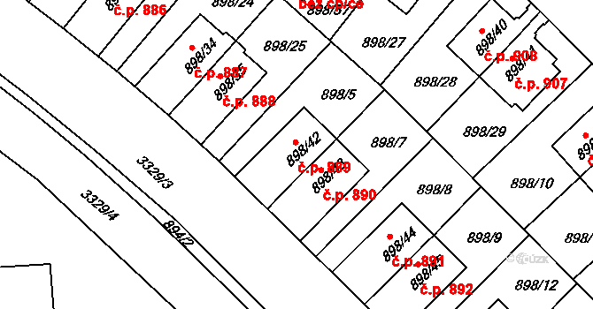 Krč 889, Praha na parcele st. 898/42 v KÚ Krč, Katastrální mapa