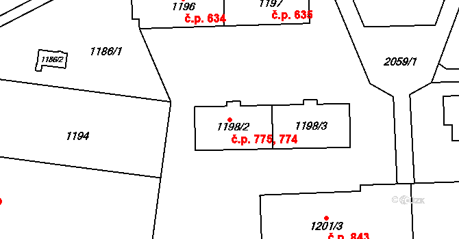 Kbely 774,775, Praha na parcele st. 1198/2 v KÚ Kbely, Katastrální mapa