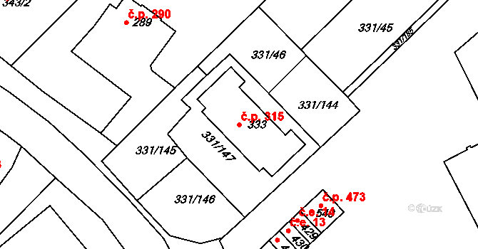 Čebín 315 na parcele st. 333 v KÚ Čebín, Katastrální mapa
