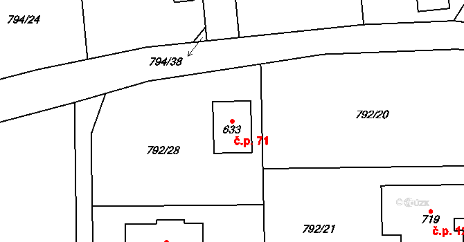 Halouny 71, Svinaře na parcele st. 633 v KÚ Svinaře, Katastrální mapa
