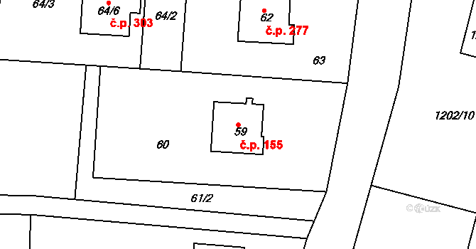 Zádveřice 155, Zádveřice-Raková na parcele st. 59 v KÚ Zádveřice, Katastrální mapa