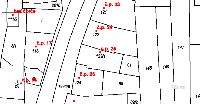 Louky 25, Zlín na parcele st. 123/1 v KÚ Louky nad Dřevnicí, Katastrální mapa