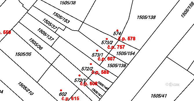 Ostrožské Předměstí 607, Uherský Ostroh na parcele st. 573/1 v KÚ Ostrožské Předměstí, Katastrální mapa