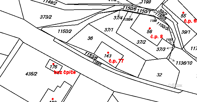 Perálec 77 na parcele st. 143 v KÚ Perálec, Katastrální mapa