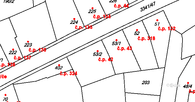 Mšeno 42 na parcele st. 53/2 v KÚ Mšeno, Katastrální mapa