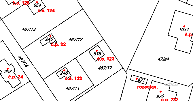 Čisovice 123 na parcele st. 915 v KÚ Čisovice, Katastrální mapa