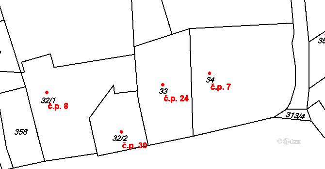 Miskolezy 24, Chvalkovice na parcele st. 33 v KÚ Miskolezy, Katastrální mapa
