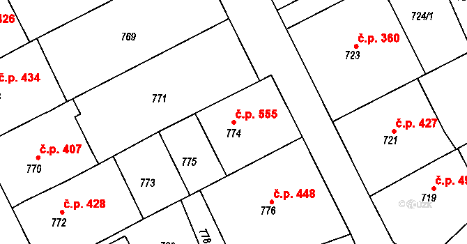 Rájec 555, Rájec-Jestřebí na parcele st. 774 v KÚ Rájec nad Svitavou, Katastrální mapa