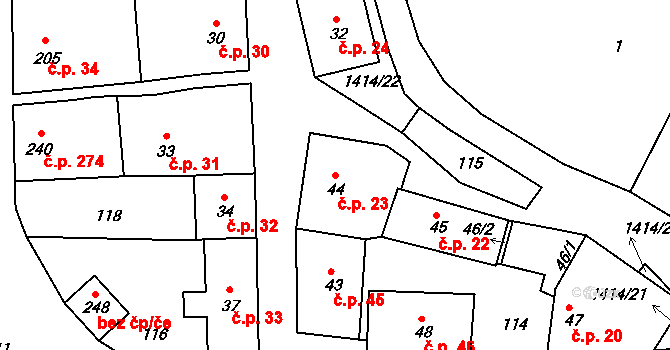 Lhenice 23 na parcele st. 44 v KÚ Lhenice, Katastrální mapa