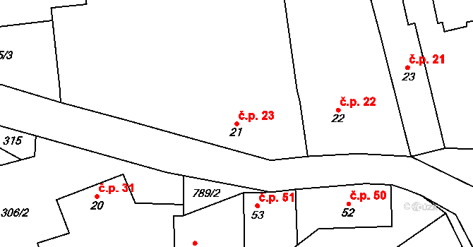 Lašovice 23 na parcele st. 21 v KÚ Lašovice, Katastrální mapa