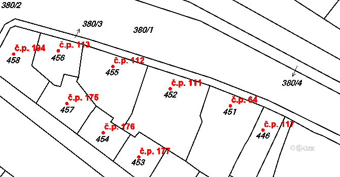 Trmice 111 na parcele st. 452 v KÚ Trmice, Katastrální mapa