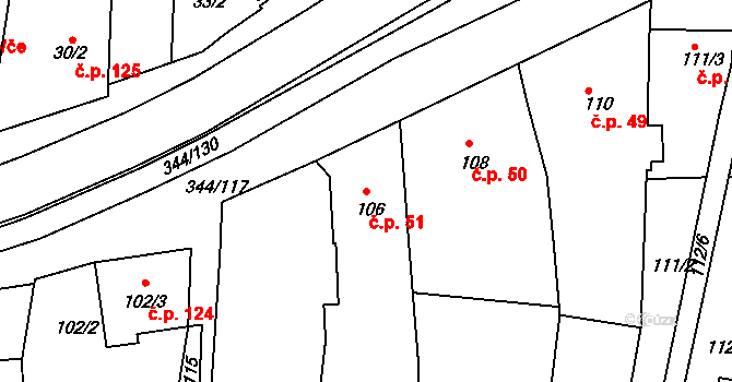 Milovice 51 na parcele st. 106 v KÚ Milovice u Mikulova, Katastrální mapa