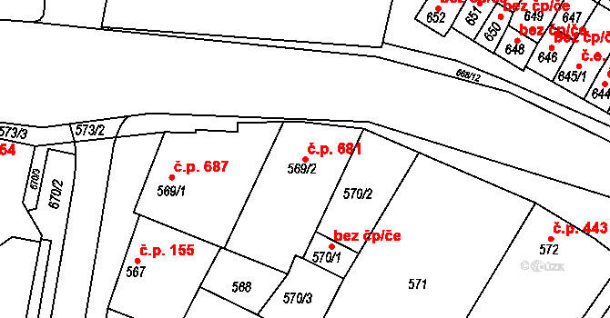 Hrušky 681 na parcele st. 569/2 v KÚ Hrušky, Katastrální mapa