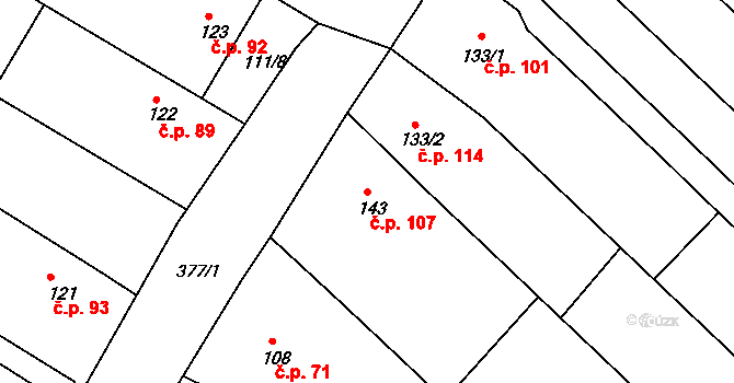 Zahnašovice 107 na parcele st. 143 v KÚ Zahnašovice, Katastrální mapa
