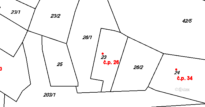 Bojmany 26, Žehušice na parcele st. 23 v KÚ Bojmany, Katastrální mapa