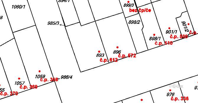 Lužice 612 na parcele st. 893 v KÚ Lužice u Hodonína, Katastrální mapa