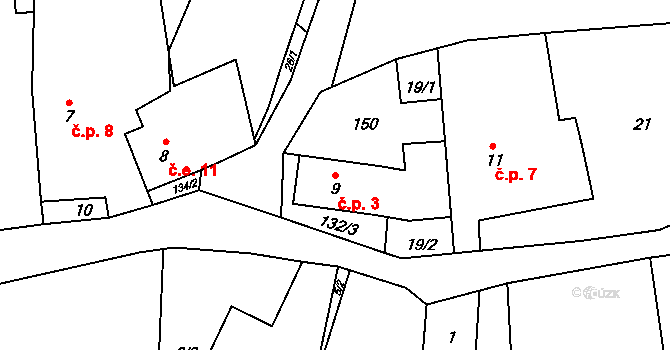 Petrovice 3, Puklice na parcele st. 9 v KÚ Petrovice u Jihlavy, Katastrální mapa