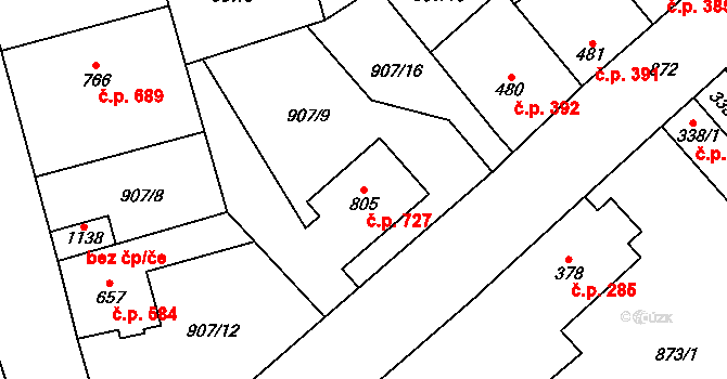 Libochovice 727 na parcele st. 805 v KÚ Libochovice, Katastrální mapa