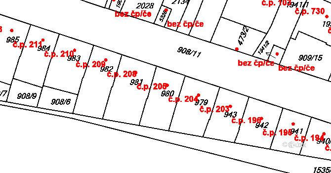 Horka-Domky 204, Třebíč na parcele st. 980 v KÚ Třebíč, Katastrální mapa