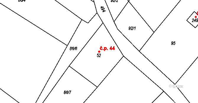 Mštěnovice 44, Lešná na parcele st. 52 v KÚ Mštěnovice, Katastrální mapa
