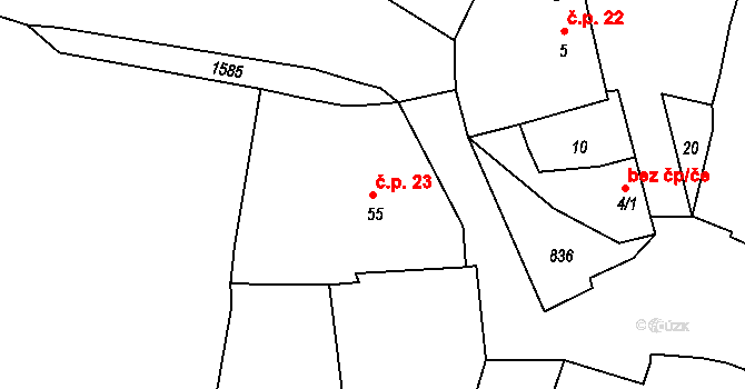 Krty-Hradec 23 na parcele st. 55 v KÚ Krty u Strakonic, Katastrální mapa