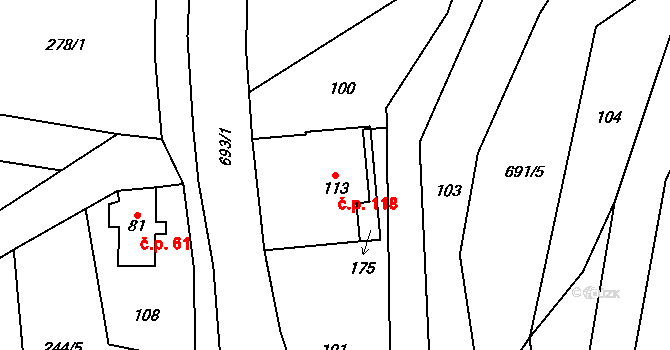 Dolní Vítkov 118, Chrastava na parcele st. 113 v KÚ Dolní Vítkov, Katastrální mapa