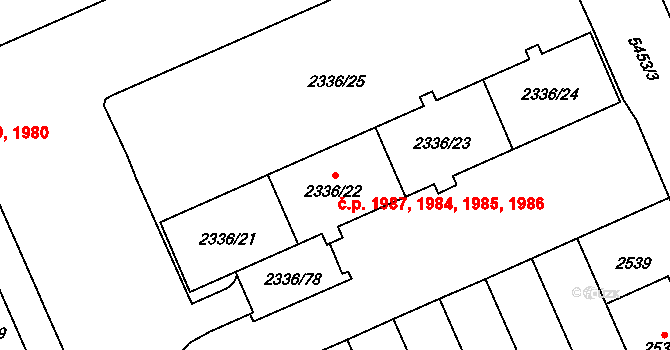 Východní Předměstí 1984,1985,1986,1987, Plzeň na parcele st. 2336/22 v KÚ Plzeň, Katastrální mapa
