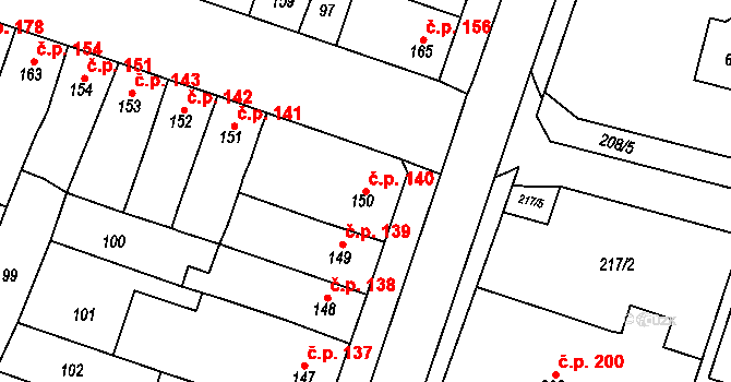 Domamyslice 140, Prostějov na parcele st. 150 v KÚ Domamyslice, Katastrální mapa