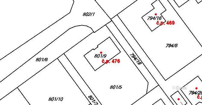 Zbůch 476 na parcele st. 801/9 v KÚ Zbůch, Katastrální mapa