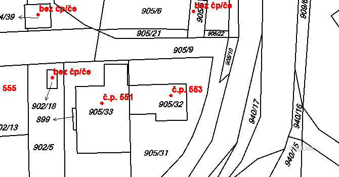 Litvínovice 553 na parcele st. 905/32 v KÚ Litvínovice, Katastrální mapa
