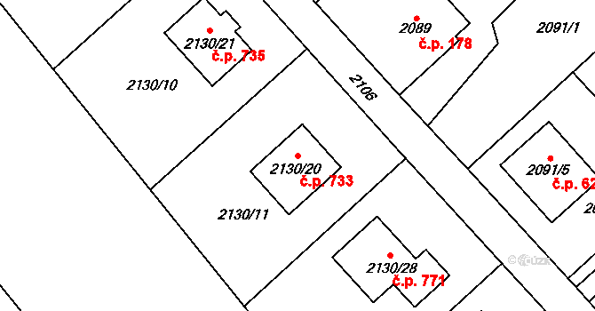 Fryčovice 733 na parcele st. 2130/20 v KÚ Fryčovice, Katastrální mapa