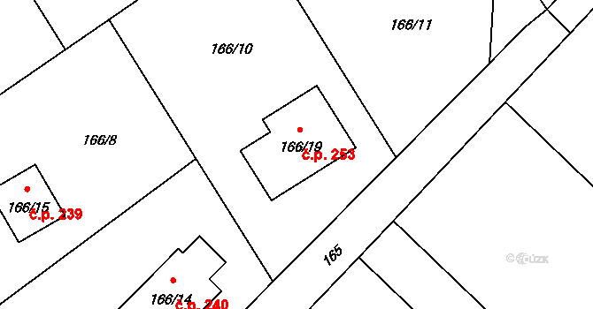 Žabeň 253 na parcele st. 166/19 v KÚ Žabeň, Katastrální mapa