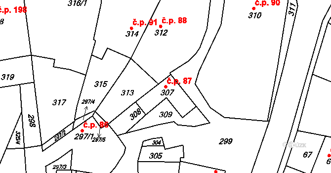 Želechovice nad Dřevnicí 87 na parcele st. 307 v KÚ Želechovice nad Dřevnicí, Katastrální mapa