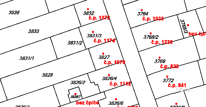 Vlčnov 1070 na parcele st. 3827 v KÚ Vlčnov, Katastrální mapa