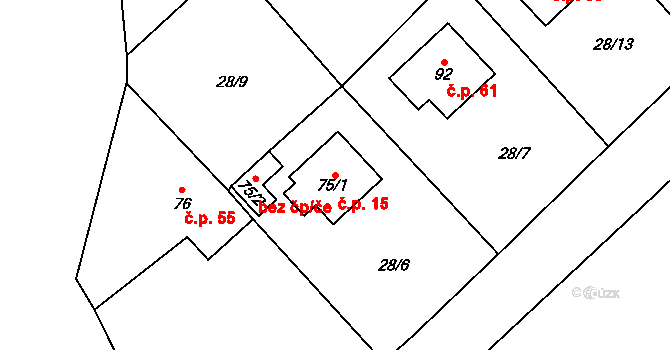 Licibořice 15 na parcele st. 75/1 v KÚ Licibořice, Katastrální mapa