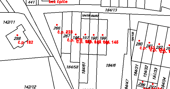 Únětice 143 na parcele st. 197 v KÚ Únětice u Prahy, Katastrální mapa