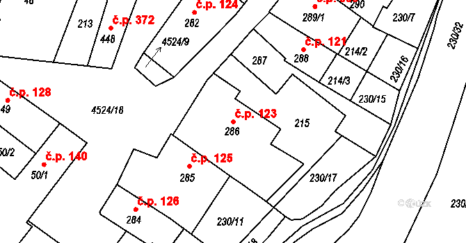 Počátky 123 na parcele st. 286 v KÚ Počátky, Katastrální mapa
