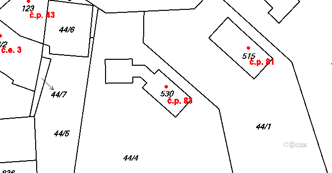 Vlastibořice 83 na parcele st. 530 v KÚ Vlastibořice, Katastrální mapa