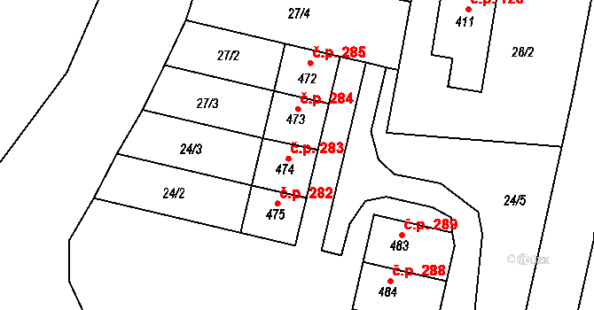 Prostřední Lánov 283, Lánov na parcele st. 474 v KÚ Prostřední Lánov, Katastrální mapa