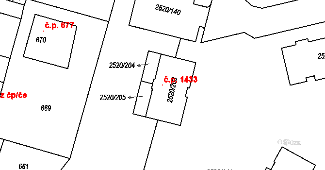 Mohelnice 1433 na parcele st. 2520/203 v KÚ Mohelnice, Katastrální mapa