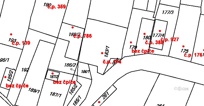 Klobouky u Brna 174 na parcele st. 183/1 v KÚ Klobouky u Brna, Katastrální mapa