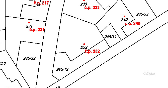Horoměřice 232 na parcele st. 232 v KÚ Horoměřice, Katastrální mapa
