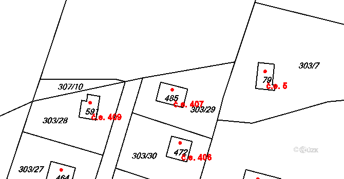 Třebsín 407, Krňany na parcele st. 485 v KÚ Třebsín, Katastrální mapa