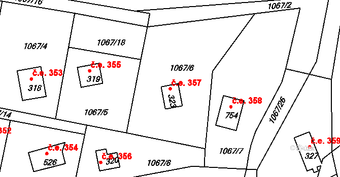 Borová Lhota 357, Pyšely na parcele st. 323 v KÚ Pyšely, Katastrální mapa