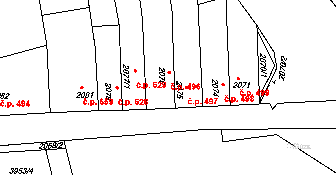 Jindřichův Hradec II 496, Jindřichův Hradec na parcele st. 2076 v KÚ Jindřichův Hradec, Katastrální mapa