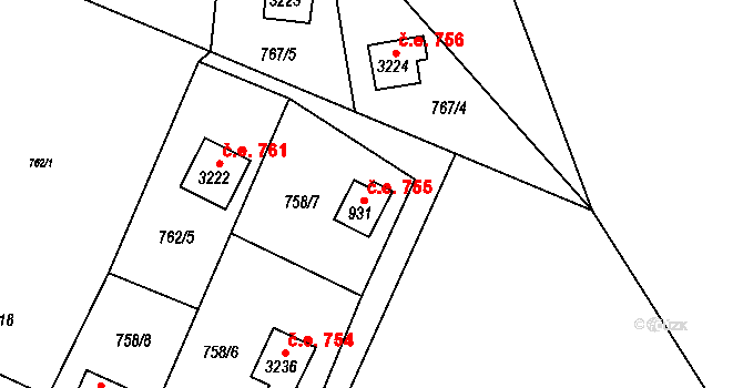 Ostravice 755 na parcele st. 931 v KÚ Staré Hamry 2, Katastrální mapa