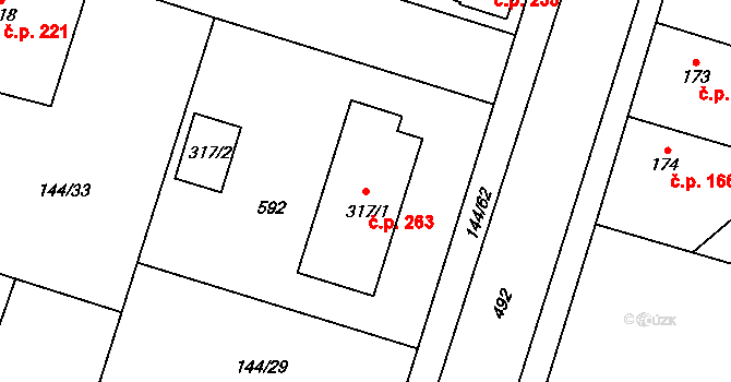 Skřivany 263 na parcele st. 317/1 v KÚ Skřivany, Katastrální mapa