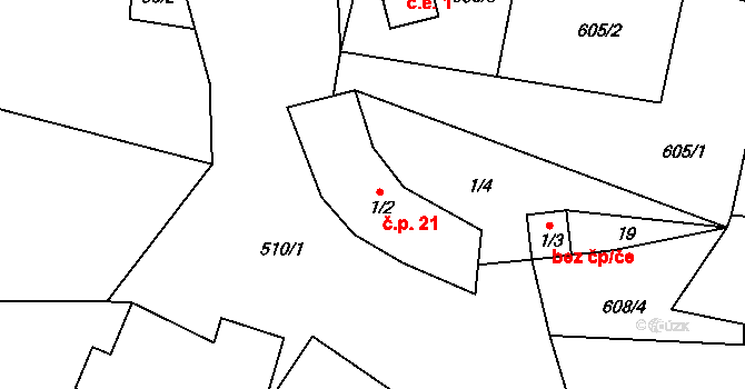 Mošnice 21, Snědovice na parcele st. 1/2 v KÚ Mošnice, Katastrální mapa